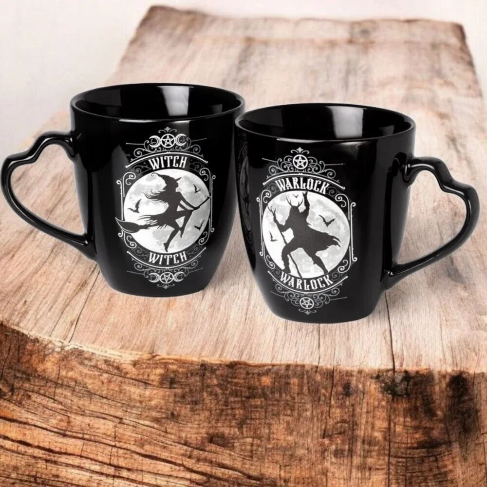 Alchemy Gothic ✦ Witch & Warlock Mug Set ✦ Black Fine Bone China Moon & Bat NWT